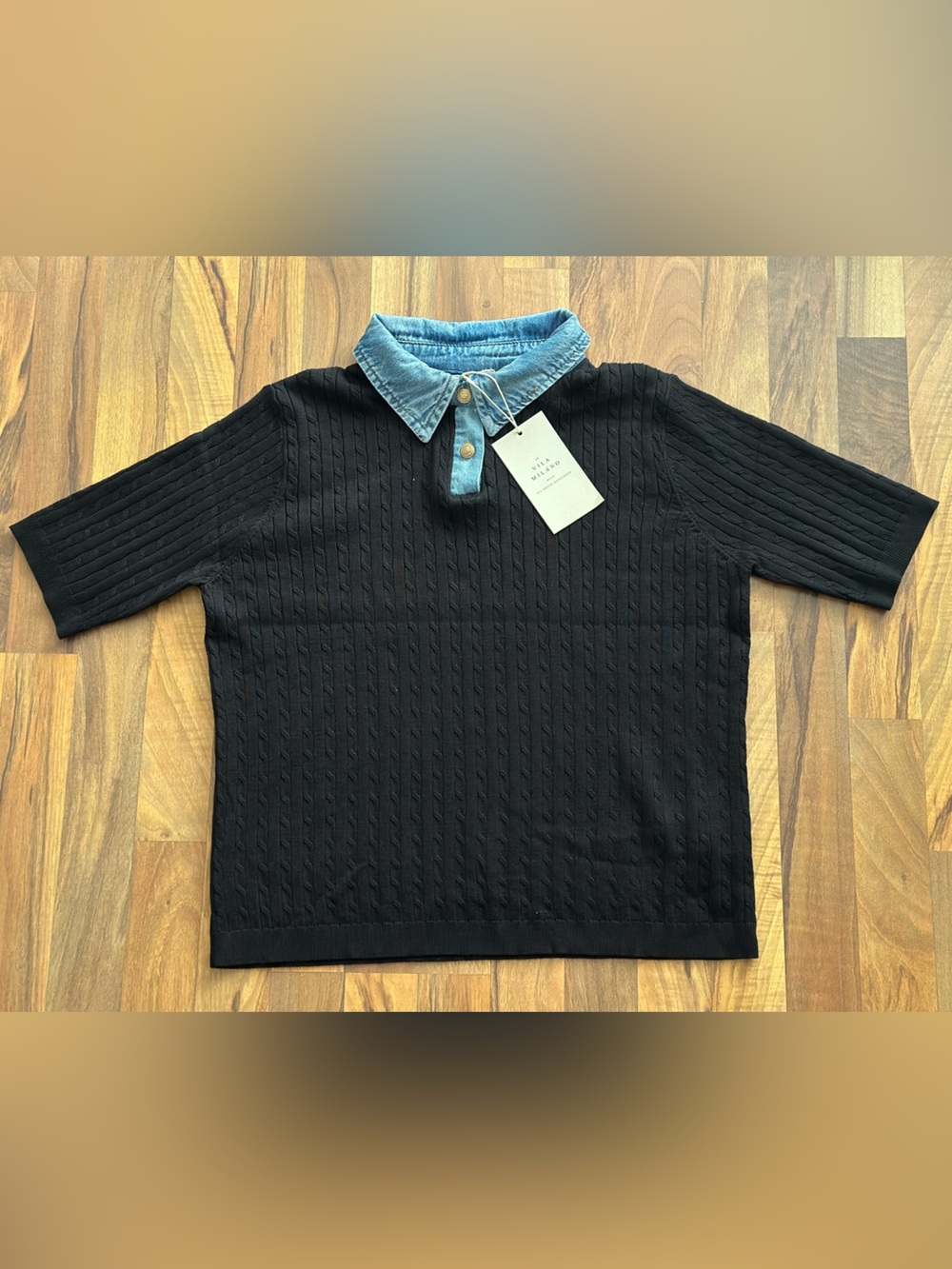 Women’s Black Short-Sleeve Cable Knit Crewneck Sweater with Contrast Denim Colla